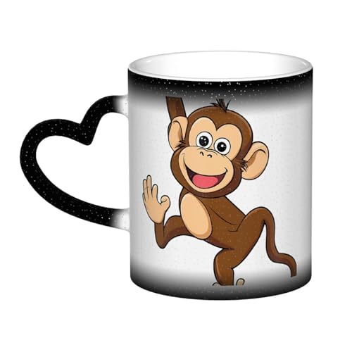 ASPOIJHN Tasse mit niedlichem Affen-Aufdruck, 325 ml, Farbwechsel, personalisierbar, magische Tasse mit herzförmigem Griff, für Café, Büro, jeden Anlass von ASPOIJHN