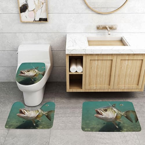 ASPOIJHN Unterwasserwels, leicht zu reinigendes 3-teiliges Badezimmerteppich-Set, rutschfeste Konturmatte und WC-Deckelbezug von ASPOIJHN