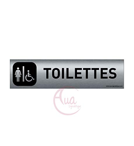 AUA SIGNALETIQUE - Plaque Aluminium brossé imprimé AluSign DARK - 200x50 mm - Double Face adhésif au dos (Toilettes F/handicap) von AUA SIGNALETIQUE