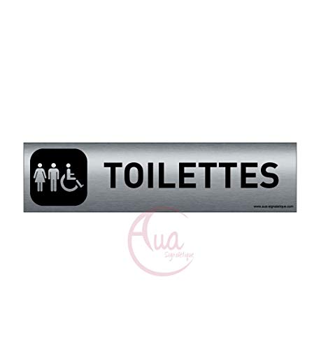 AUA SIGNALETIQUE - Plaque Aluminium brossé imprimé AluSign DARK - 200x50 mm - Double Face adhésif au dos (Toilettes mixtes) von AUA SIGNALETIQUE