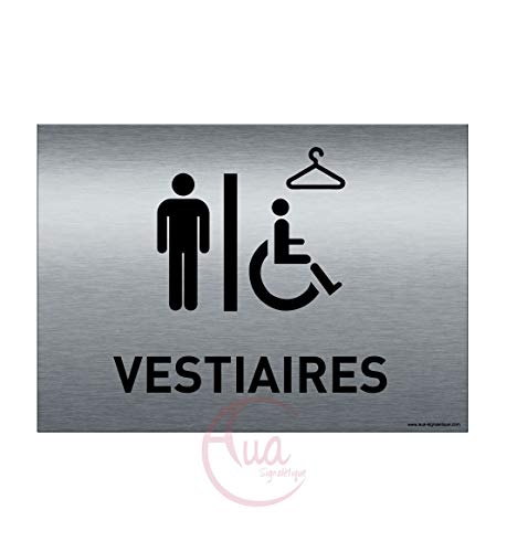 AUA SIGNALETIQUE - Plaque de porte Aluminium brossé imprimé AluSign - 210x150 mm - Double Face adhésif au dos (Vestiaires H/handicap) von AUA SIGNALETIQUE