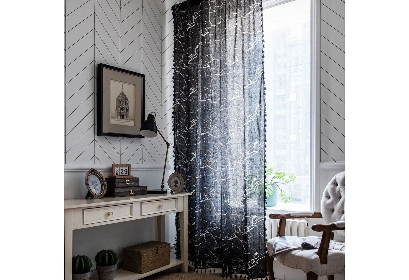 Vorhang Vorhang Vorhang aus schwarzem Marmor bedruckt Fenster Küche, AUKUU, Vorhang aus Baumwolle und Leinen halbverdunkelnd von AUKUU
