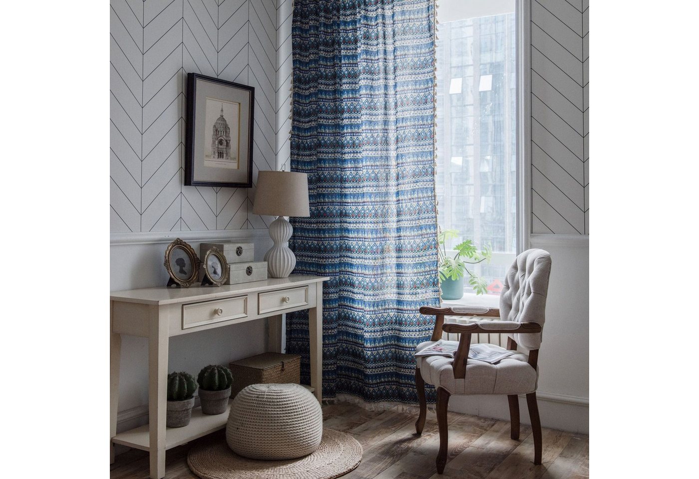 Vorhang Vorhang Vorhang mit geometrischem Druck böhmisches Blau, AUKUU, kleines Fenster Küchenvorhang Baumwolle und Leinen von AUKUU