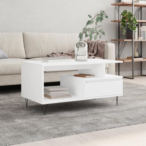 AUVYI Couchtisch mit Schublade Weiß 90x49x45 cm Holzwerkstoff&Metall Sofatisch Holz Sideboard Beistelltisch Chautschtisch Wohnzimmertisch mit Schubladen von AUVYI