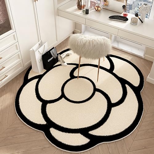 AUYBGGKEE Beige und schwarz Floral Kamelie Bereich Teppich Wohnzimmer Bad Eingang Fußmatte Blume Form Vintage Teppich(Color:A,Size:80X80cm) von AUYBGGKEE