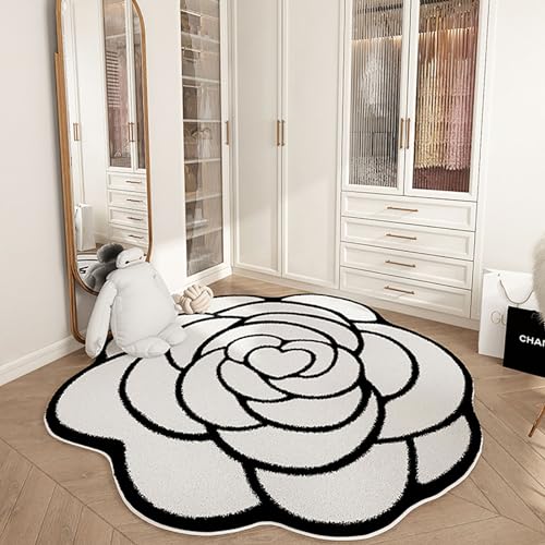 AUYBGGKEE Beige und schwarz Floral Kamelie Bereich Teppich Wohnzimmer Bad Eingang Fußmatte Blume Form Vintage Teppich(Color:B,Size:140X140cm) von AUYBGGKEE