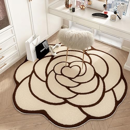 AUYBGGKEE Beige und schwarz Floral Kamelie Bereich Teppich Wohnzimmer Bad Eingang Fußmatte Blume Form Vintage Teppich(Color:C,Size:200X200cm) von AUYBGGKEE