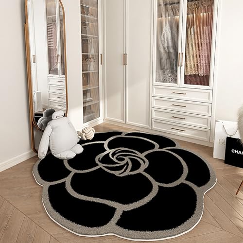 AUYBGGKEE Beige und schwarz Floral Kamelie Bereich Teppich Wohnzimmer Bad Eingang Fußmatte Blume Form Vintage Teppich(Color:E,Size:120X120cm) von AUYBGGKEE