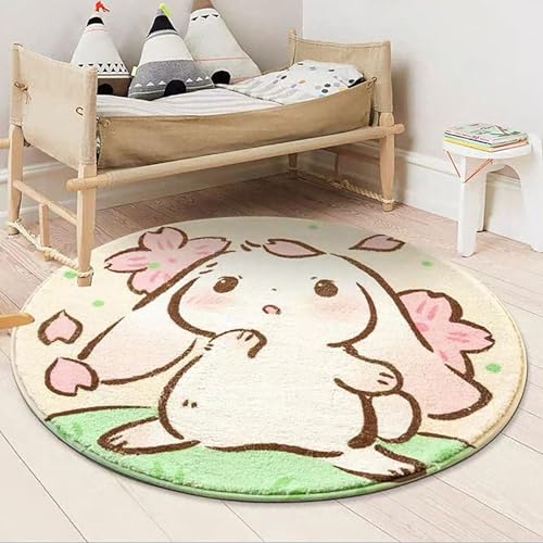 Niedlicher runder Teppich mit Kaninchenmotiv, rutschfeste Fußmatte, niedliche Kaninchenblume, rutschfeste Bodenmatte, geeignet für Schlafzimmer, Wohnzimmer, Arbeitszimmer, Spielteppich(Color:F,Size:60 von AUYBGGKEE