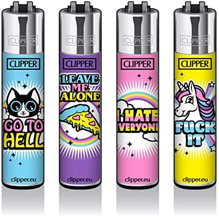 Clipper® 4er Slogan #15 Collection Lighter Flints Feuerzeug + 2 Sticker von AV AVIShI