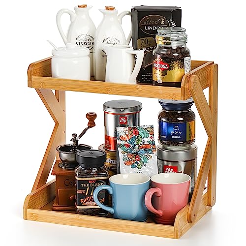 AVLA Kaffeestation Organizer Arbeitsplatte, 2 Etagen Küchentheke Kaffee Bar Zubehör Regal Organizer, Bambus Teestation Gewürzregal für Kaffeeliebhaber, Zuhause, Büro, Desktop, Esszimmer von AVLA