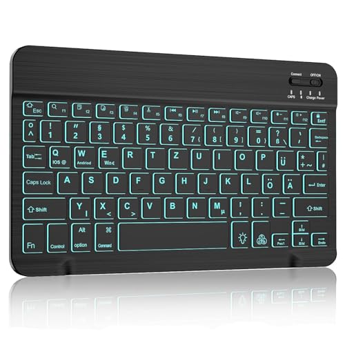 AVNICUD Kabellose Tablet Tastatur für iPad - 7 Hintergrundbeleuchtung Deutsche Bluetooth Tastatur für iPad Air/Pro/Mini/iPhone/Samsung/Android, Wiederaufladbar Tastatur mit QWERTZ Layout, Schwarz von AVNICUD