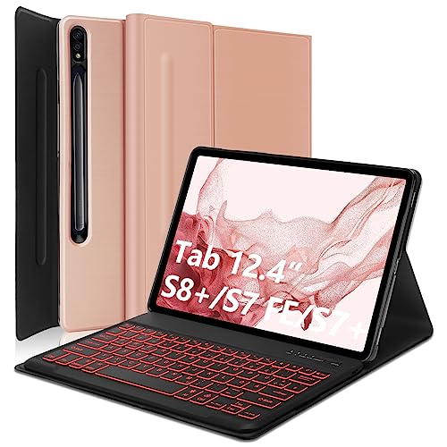 Tastatur Hülle für Samsung Galaxy Tab S8+/S7 FE/S7+ 12,4 Zoll - TPU Schutzhülle mit Stifthalter, 7-Farbige Beleuchtung QWERTZ Deutsch Bluetooth Keyboard Case Tab S8 Plus/S7 Plus/S7 Fe,Roségold von AVNICUD