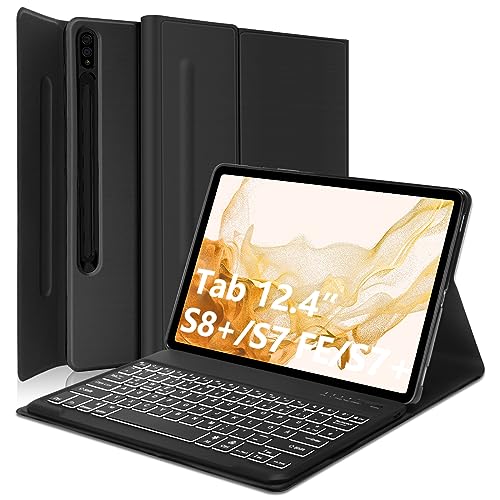 AVNICUD Tastatur Hülle für Samsung Galaxy Tab S8+/S7 FE/S7+ 12,4 Zoll - Soft TPU-Rückseite Case mit Stifthalter, 7-Farbige Beleuchtung Abnehmbarer Bluetooth Keyboard Deutsch QWERTZ Layout, Schwarz von AVNICUD