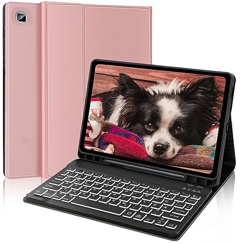 AVNICUD Tastatur Hülle für Samsung Galaxy Tab S6 Lite 10.4 Zoll 2022/2020 SM-P610/P613/P615/P619 - TPU Rückseite Case mit Stifthalter, 7 Backlightfarben Bluetooth Deutsche Keyboard QWERTZ, Roségold von AVNICUD