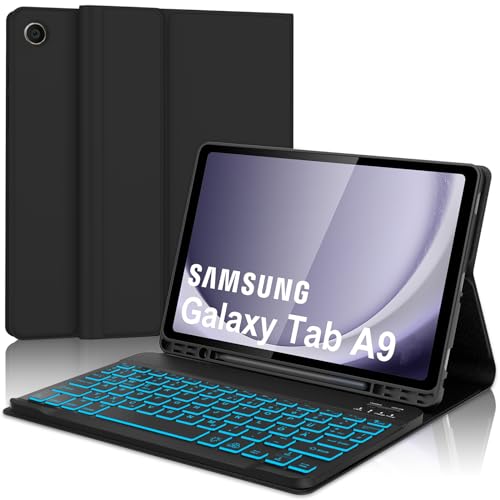 AVNICUD Tastatur Hülle für Samsung Galaxy Tab A9-7 Backlights QWERTZ Deutsch Bluetooth Tastatur Abnehmbarer Magnetisch Schutzhülle mit Stifthalter für Tablette A9 8,7 Zoll 2023(SM-X110/X115),Schwarz von AVNICUD