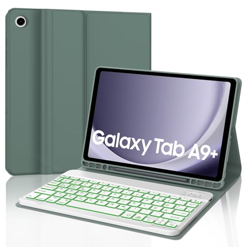 AVNICUD Tastatur Hülle für Samsung Galaxy Tab A9 Plus - 7 Backlights QWERTZ Deutsch Bluetooth Tastatur Magnetisch Schutzhülle mit Stifthalter für Tab A9+ 11'' 2023 (SM-X210/X216/X218),Dunkelgrün von AVNICUD