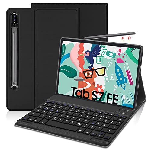 AVNICUD Tastatur Hülle für Samsung Galaxy Tab S7 FE/S7 Plus/S7+ 12,4" 2021/Galaxy Tab S8 Plus/S8+ 2022, Bluetooth Tastatur Abnehmbar mit Schutzhülle, QWERTZ Deutsch, Schwarz von AVNICUD