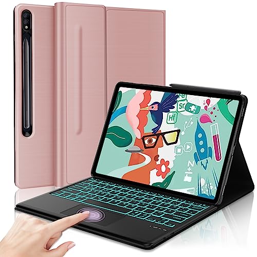 Tastatur Hülle mit Touchpad für Samsung Galaxy Tab S8+/S7 FE/S7+ 12,4 Zoll - TPU Schutzhülle mit Stifthalter, 7-Farbige Beleuchtung QWERTZ Deutsch Bluetooth Keyboard Case Tab S8 Plus/S7 Plus,Roségold von AVNICUD