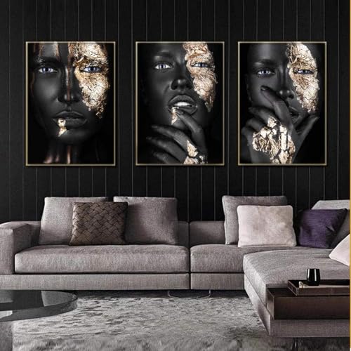 AWKFHF Afrikanische Frau Bilder,Schwarz Gold Silber Leinwandbild Poster Kunstdruck Wohnzimmer Deko Schlafzimmer Bilder Wanddekoration - ohne Rahmen (3X30X40CM,ohne Rahmen) von AWKFHF