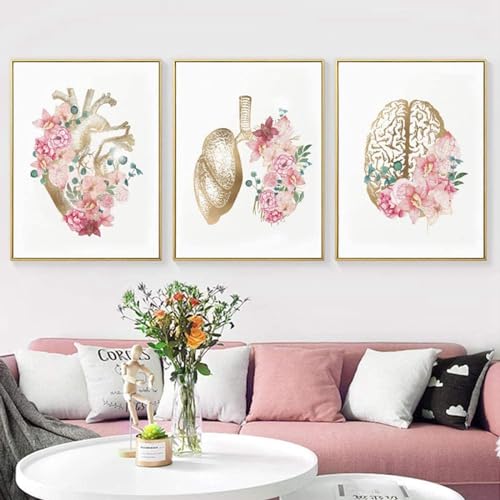 AWKFHF Blumen Anatomie Leinwandbild, Herz Lunge Gehirn Medizinische Bild Krankenhaus Klinik Wandkunst Poster, Krankenhaus Klinik (3X30X40CM,ohne Rahmen) von AWKFHF
