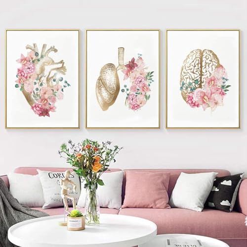 AWKFHF Blumen Anatomie Leinwandbild, Herz Lunge Gehirn Medizinische Bild Krankenhaus Klinik Wandkunst Poster, Krankenhaus Klinik (3X60X90CM,ohne Rahmen) von AWKFHF