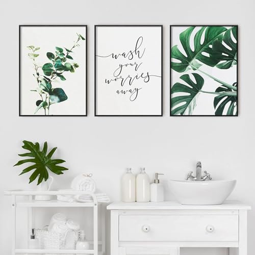 AWKFHF Botanisches Eukalyptus Monstera Blatt Bilder,Wash Your Worries Away Leinwandbild Poster Kunstdruck Wohnzimmer Deko Schlafzimmer Bilder Wanddekoration - ohne Rahmen (3X30X40CM,ohne Rahmen) von AWKFHF