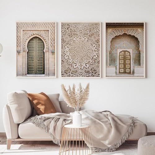 AWKFHF Marokkanische Tür Blumen Bilder,Leinwandbild Poster Kunstdruck Wohnzimmer Deko Schlafzimmer Bilder Wanddekoration (3X50X70CM,ohne Rahmen) von AWKFHF