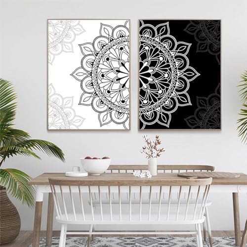 AWKFHF Schwarz Weiß Mandala Abstrakte Bilder,Leinwandbild Poster Kunstdruck Wohnzimmer Deko Schlafzimmer Bilder Wanddekoration (2X30X40CM,ohne Rahmen) von AWKFHF