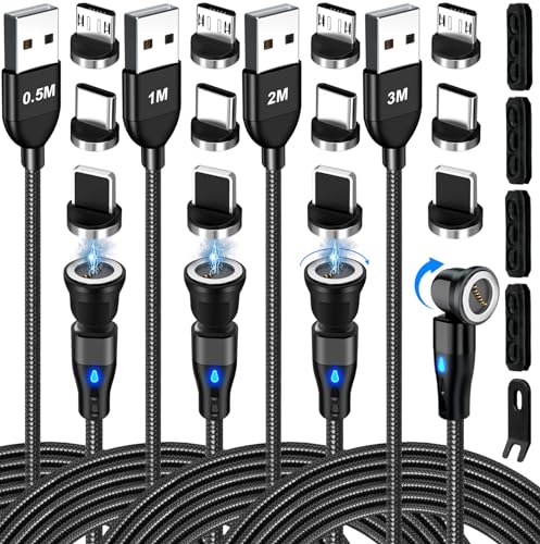 AXFEE 7Pin USB C Magnet Ladekabel, [0,5M + 1M + 2M +3M], 4 Stück 18W USB Magnet Kabel, 360°&180° Schnellladung Magnetisches Ladekabel, 3 in 1 USB Magnetkabel für Typ C/Micro USB/i-Product/Galaxy/Pad von AXFEE