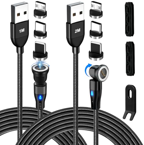 AXFEE 7Pin USB C Magnet Ladekabel [1M + 2M], 2 Stück 18W USB Magnet Kabel, 360°&180° Schnellladung Magnetisches Ladekabel, 3 in 1 USB Magnetkabel für Typ C/Micro USB/i-Product/Galaxy S22/S23/Pad von AXFEE