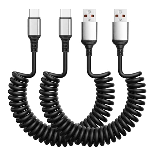 AXFEE Spiralkabel USB A auf Typ C Kabel, 2 Pack 66W USB C Kabel & Datensynchronisation, Kurz Ladekabel Auto für Samsung Galaxy S8 S9 S10 S20 S20+ One Plus, i-Pad Pro/Mini, Google Pixel (0,35-1,8m) von AXFEE