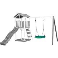 Beach Tower Spielturm aus Holz in Weiß & Grau Spielhaus für Kinder mit grauer Rutsche, Summer Nestschaukel und Sandkasten Stelzenhaus für den Garten von AXI
