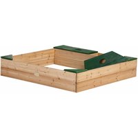 Sandkasten Amy aus fsc Holz mit Abdeckplane in Braun & Grün Sand Kasten mit Abdeckung für Kinder mit Sitzbank, Sitzecken & Stauraum 115 x 115 cm von AXI