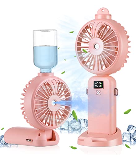 AXNSATRE Mini Handventilator mit Wasser USB Ventilator - 3 in 1 Aufladbar Mini Ventilator für Unterwegs, 4000mAh Klein Portable Hand Fan mit 5-Gang, Rosa Sprühventilator für Reise von AXNSATRE