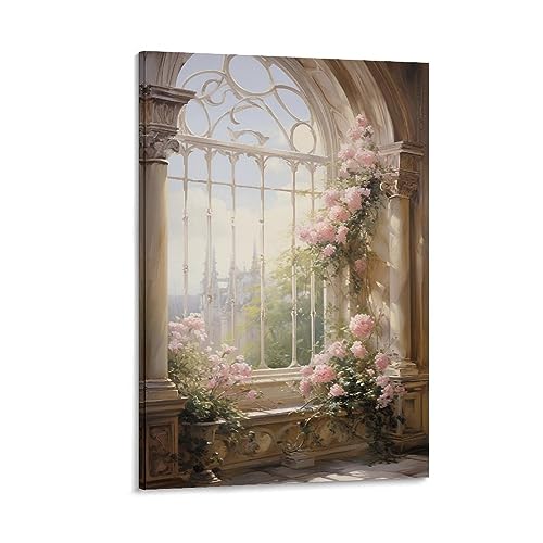 AYAROS Leinwand-Poster, Motiv: Schloss mit rosa Blumenmuster, europäisch, Vintage, Fensterbank, Natur, Blume, Wanddekoration, geeignet für Wohnzimmer, Schlafzimmer von AYAROS