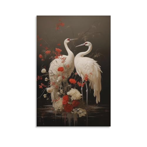 AYAROS Retro Wildlife Cranes Printed Canvas Poster White Bird Rustic Flowers Wall Decor Suitable for Living Room Bedroom von AYAROS