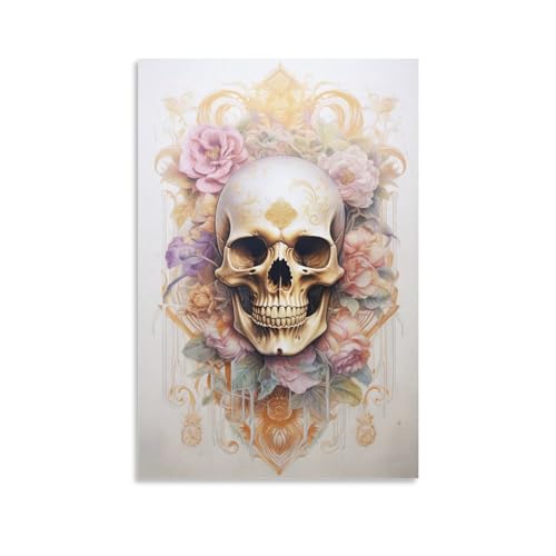 Abstrakter Horror-Totenkopf Leinwand Wandkunst für Schlafzimmer Aquarell Blume Gothic Skelett Wanddekoration Poster für Zimmer Ästhetisch von AYAROS