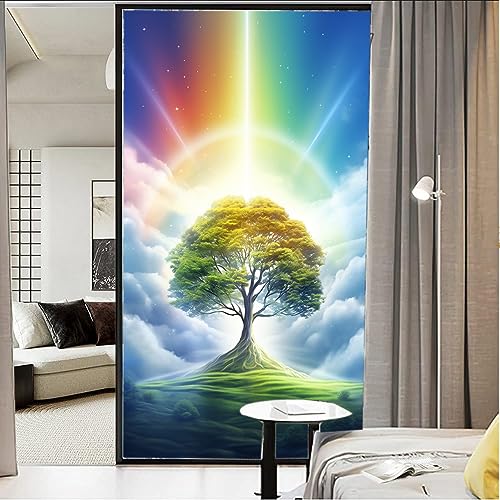 Baum in Wolken Fenster-Sichtschutzfolie, Vintage, natürliche Pflanzen, buntes Licht, Buntglas, Fensterabdeckung, statisch haftende Fensterfolie für Zuhause, Büro, Geschäfte, 60 x 80 cm von AYAROS