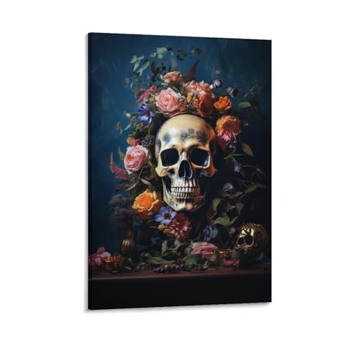 Blumenkranz Schädel Leinwand Wandkunst für Schlafzimmer Horror Skelett Retro Blume Wanddekoration Poster für Zimmer Ästhetisch von AYAROS