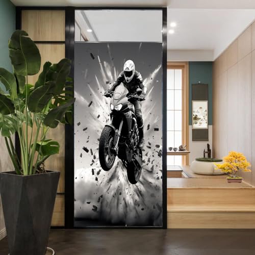 Coole Motorrad-Fenster-Sichtschutzfolie, zeitgenössisch, Motocross-Rennen, Retro, Buntglas-Fensterfolie, Sonnenblockierung, Wärmeregulierung, dekorative Fensterabdeckungsfolie für Zuhause, Büro, 60 x von AYAROS