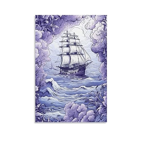 Fantasy Vintage Schiff Leinwand Wandkunst für Schlafzimmer Blau Lila Meer Welle Klassischer Stil Wanddekoration Poster für Zimmer Ästhetische von AYAROS