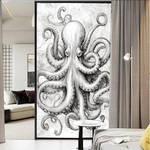 Fensterfolie, Motiv: nautischer Oktopus, Buntglas, abstrakte Karte, Vintage, Oktopus, Sichtschutz, Fensterfolie, Glastürabdeckung, nicht klebende Fensteraufkleber für Badezimmer, Küche, 60 x 80 cm (B von AYAROS