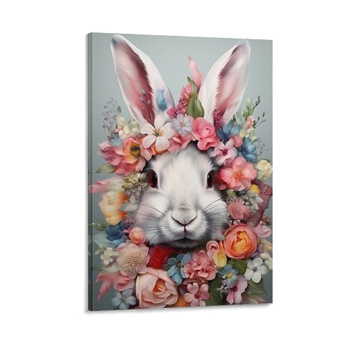 Kaninchen und Blume bedruckte Leinwand Poster mehrfarbige Blumen Natur Tier Vintage Wanddekoration geeignet für Wohnzimmer Schlafzimmer von AYAROS