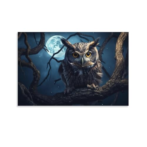 Niedliche Eule Malerei Poster Vollmond Baum Zweig Vogel Tier Leinwand Wandkunst Drucke Malerei für Haus Zimmer von AYAROS