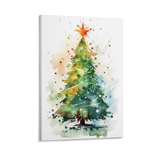 Schöne Weihnachtsbaum Leinwand Wandkunst für Schlafzimmer Farbige Lichter Schneeflocken Sterne Natur Graffiti Wanddekoration Poster für Zimmer Ästhetisch von AYAROS