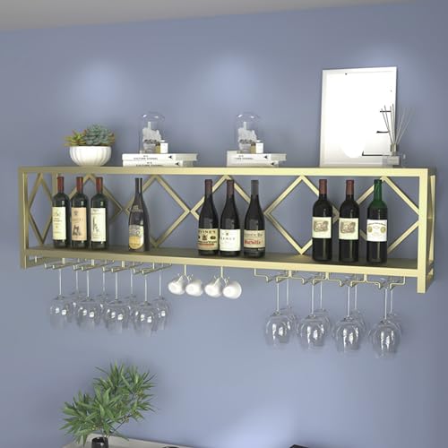 AYHARYLH Restaurant Bar Wandmontage Flaschenregal, Wand Holz Weinregal Glashalter,Wand Weinregal Holz Metall, Industriell Wandmontierte Weinregal, Für Küche, Esszimmer, Bar(Gold,120 * 25 * 45cm) von AYHARYLH