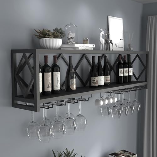 AYHARYLH Restaurant Bar Wandmontage Flaschenregal, Wand Holz Weinregal Glashalter,Wand Weinregal Holz Metall, Industriell Wandmontierte Weinregal, Für Küche, Esszimmer, Bar(Nero,100 * 25 * 45cm) von AYHARYLH