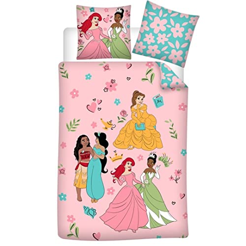 Wende Bettwäsche-Set Disney Prinzessinnen 100% Baumwolle, Bettbezug 135 x 200 cm, Kissenbezug 80 x 80 cm von Aymax