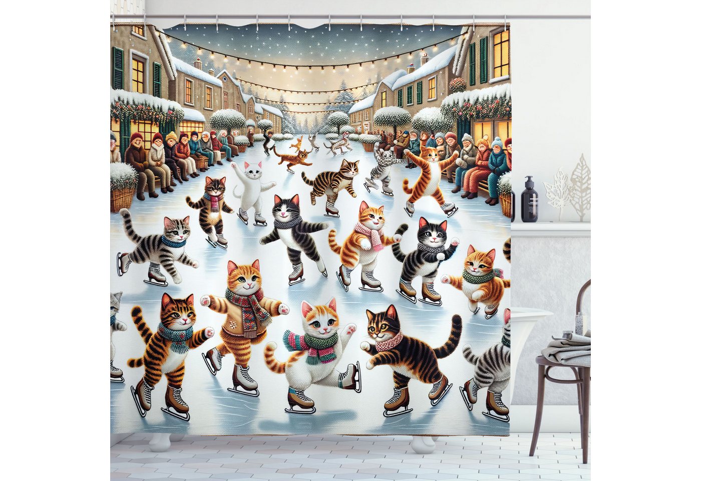Abakuhaus Duschvorhang Moderner Digitaldruck mit 12 Haken auf Stoff Wasser Resistent Breite 175 cm, Höhe 180 cm, Katze Kätzchen beim Eislaufen von Abakuhaus